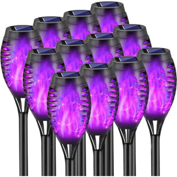 12 Pack Purple Solar Lights Outdoor Waterproof 12 LED Mini Tiki Torch Lights